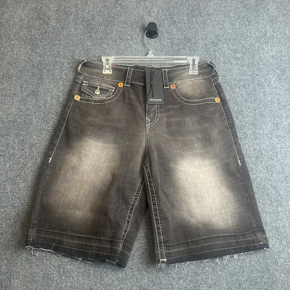 True Religion Baggy Denim Jort Mens 28 Black Cocoa‎ Crumble Big T Flap NWT